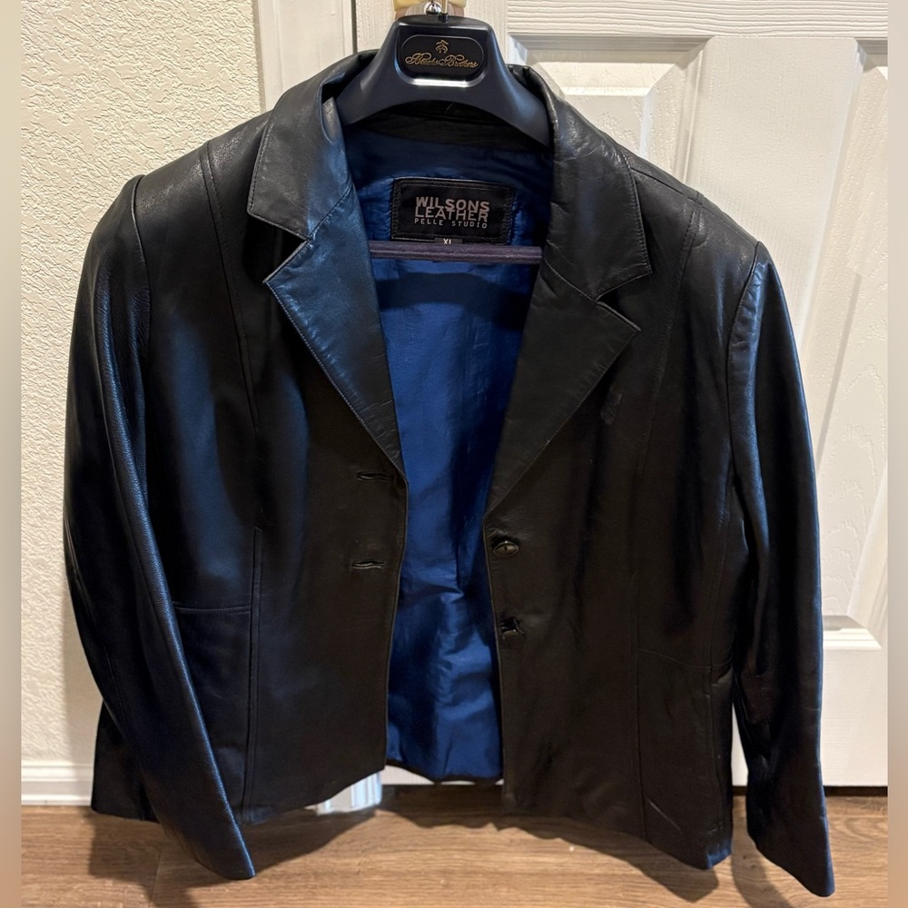 Wilsons Leather Black Leather Blazer with Blue Lining